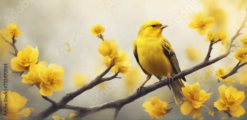 Yellow bird on a branch of cherry blossoms.