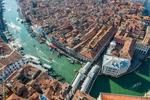 Aerial view of Grand Canal and Rialto Bridge, Venice, Veneto, Italy, Europe