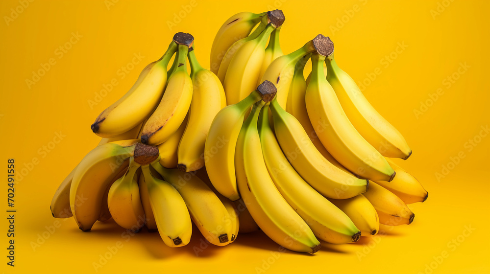 Detailed Shot of a Bunch of Ripe Bananas on a Bright Yellow Background