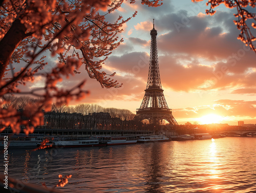 Romantic spring moments with the Eiffel Tower as a backdrop during sunrise.
