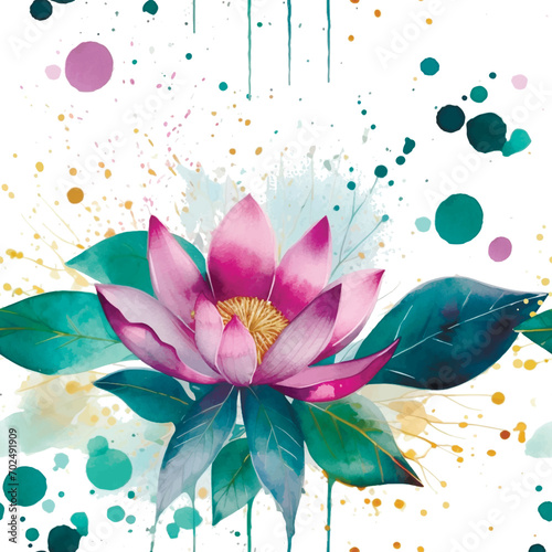 Watercolor beautiful blossom lotus flowers seamless pattern. Water lilies. Dirty watercolor background with circles, drips, splashes. Hand drawn paint lotus flower, leaves. Modern artistic ornament