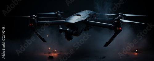 Drone Coming out of smoke. Military Grade Drone. Dark Drone. Security, surveillance drone. Stealth Unveiled: Military-Grade Drone Emerges from Smoke