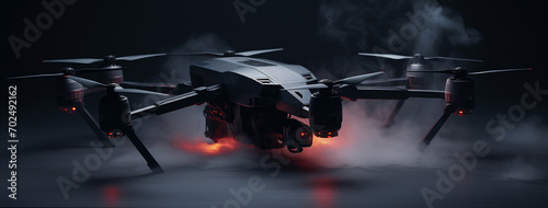 Drone Coming out of smoke. Military Grade Drone. Dark Drone. Security, surveillance drone. Stealth Unveiled: Military-Grade Drone Emerges from Smoke