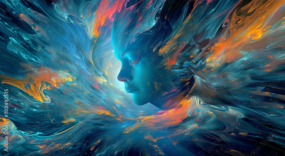 Obraz premium A Woman Immersed in the Subconscious. Colored Psychedelic Smoke. Digital Art. Colorful Illustration. 