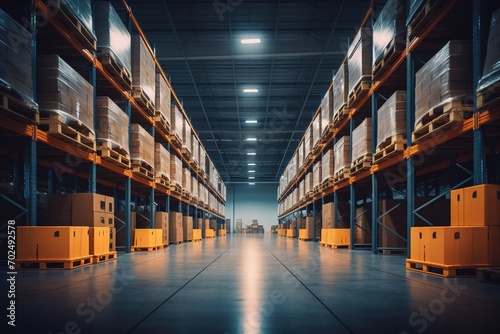 Warehouse with tall shelves full of neatly arranged boxes photo