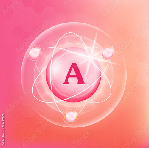 Vitamin A icon structure light pink substance. Medicine health symbol of thiamine. Drug business concept. Vector Illustration. 3D Vitamin complex with chemical formula. Personal care, beauty concept