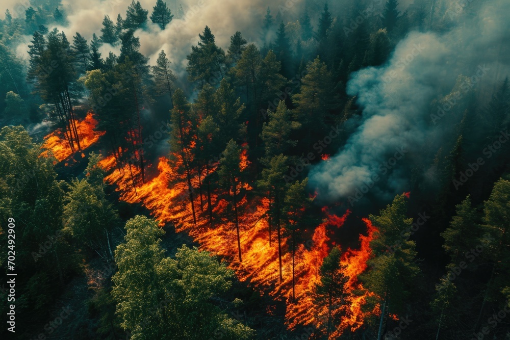 A devastating forest fire raging in the midst of a dense forest. This image can be used to illustrate the destructive power of wildfires and the need for fire prevention measures