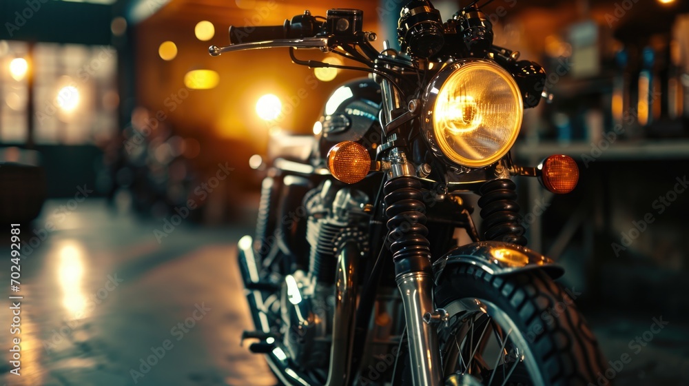 A close up view of a motorcycle parked on a street. Perfect for automotive enthusiasts and urban lifestyle blogs A close up view of a motorcycle parked on a street. Perfect for automotive enthusiasts and urban lifestyle blogs