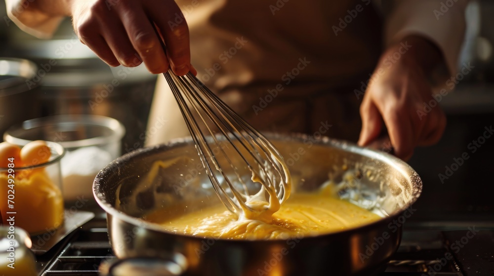 A person is shown whisking eggs in a pan on a stove. This image can be used to depict cooking, preparing breakfast, or culinary activities