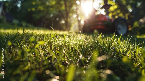 Fototapeta Naklejka Na Ścianę i Meble -  A lawn mower parked on the grass. Suitable for landscaping and gardening projects