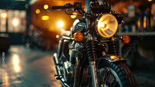 A close up view of a motorcycle parked on a street. Perfect for automotive enthusiasts and urban lifestyle blogs © Fotograf