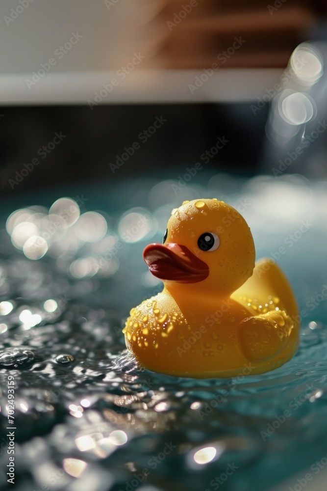 A rubber duck floating in a pool of water. Perfect for summer-themed designs and children's illustrations