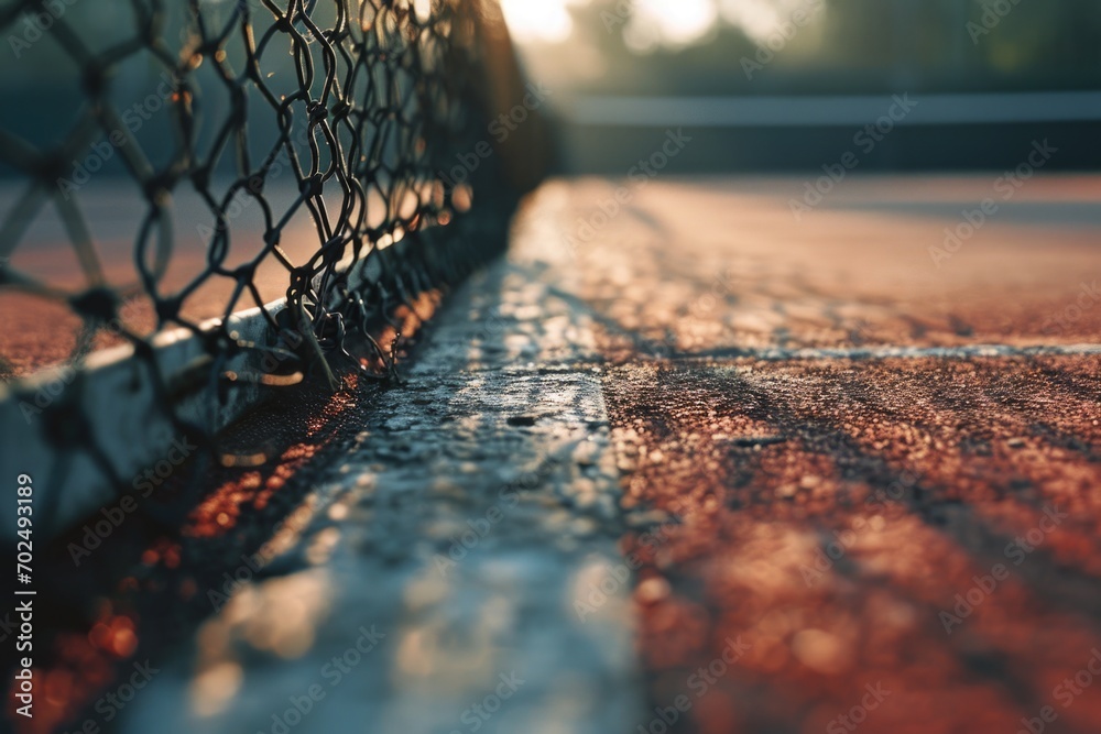 Close up view of a tennis court net. Suitable for sports and recreation themes - obrazy, fototapety, plakaty 