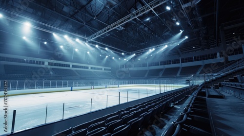 An empty hockey rink with brightly lit lights. Suitable for sports-themed designs or illustrating the anticipation of a game