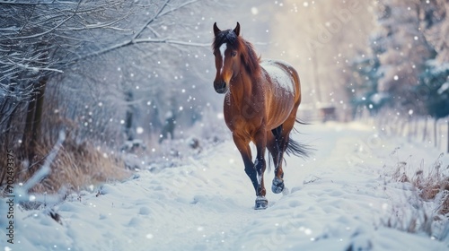 A brown horse walking down a snow covered road. Suitable for winter landscapes and equestrian themes