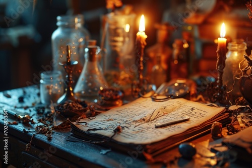 A table with candles and a book. Perfect for creating a cozy and relaxing atmosphere. Ideal for home decor or as a background for a reading-themed project