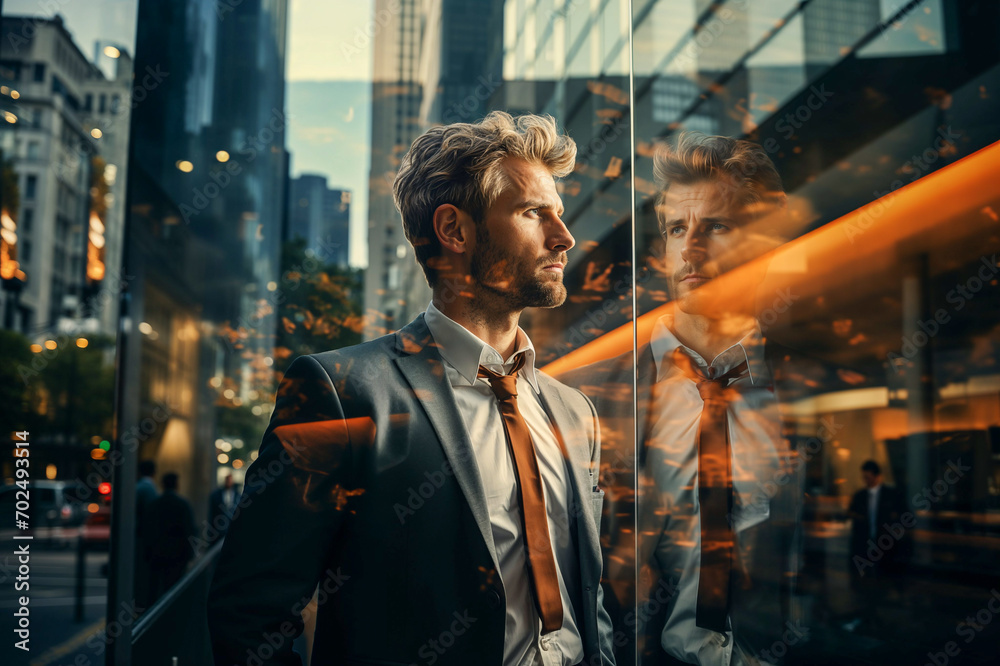 Businessman looks with a thoughtful look, reflection in a glass window of an office building