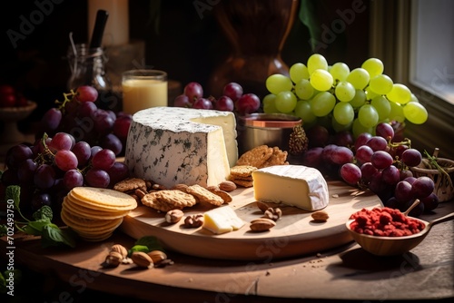 A gourmet display of a large Jarlsberg cheese wheel, alongside a selection of fruits and a bottle of wine on a rustic table setting