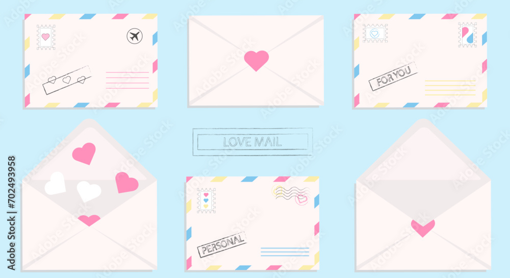 Mail envelopes set. Love mail and heart postale stamps and marks. Valentine's day vector illustration in flat style Mail envelopes set. Love mail and heart postale stamps and marks. Valentine's day vector illustration in flat style