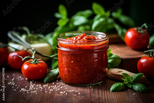 An enticing image of a homemade tomato relish in a rustic jar, set against a backdrop of fresh tomatoes and herbs on a weathered table