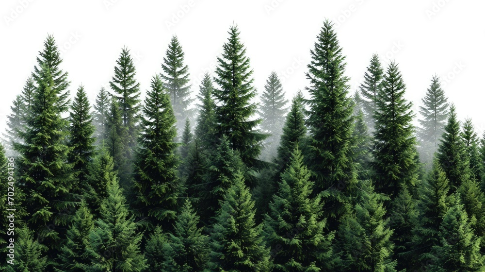 A straight line of tall, green evergreen trees standing in a dense forest. Perfect for nature-themed projects or backgrounds A straight line of tall, green evergreen trees standing in a dense forest. Perfect for nature-themed projects or backgrounds