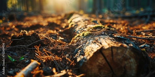 A log laying in the middle of a forest. Can be used to depict nature, forestry, or outdoor activities