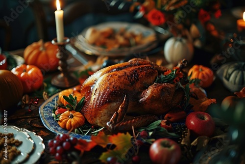A turkey sitting on a table with plates of delicious food. Perfect for Thanksgiving or holiday meal concepts