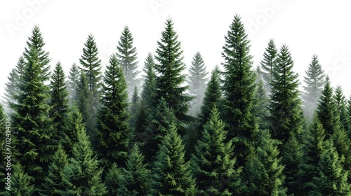 A straight line of tall, green evergreen trees standing in a dense forest. Perfect for nature-themed projects or backgrounds © Fotograf
