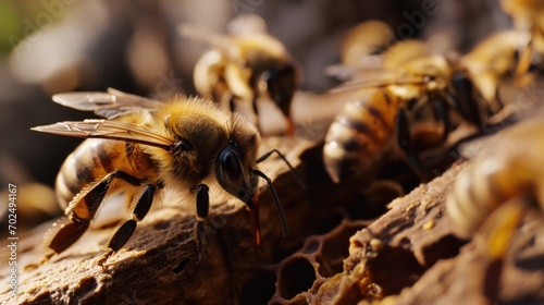 Bees sitting on a piece of wood. Can be used to depict nature, insects, or beekeeping