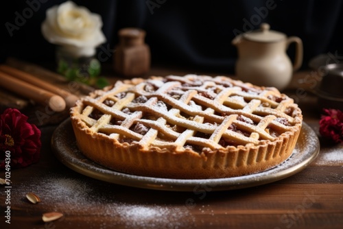 Close-up of a scrumptious Linzertorte, dusted with powdered sugar, highlighting the intricate lattice design, in a rustic kitchen setting