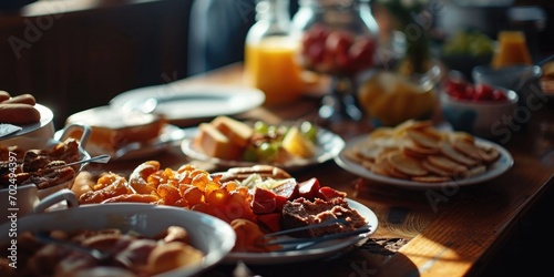 Fototapeta Naklejka Na Ścianę i Meble -  A wooden table with a variety of delicious food dishes. Perfect for showcasing a meal or food presentation.