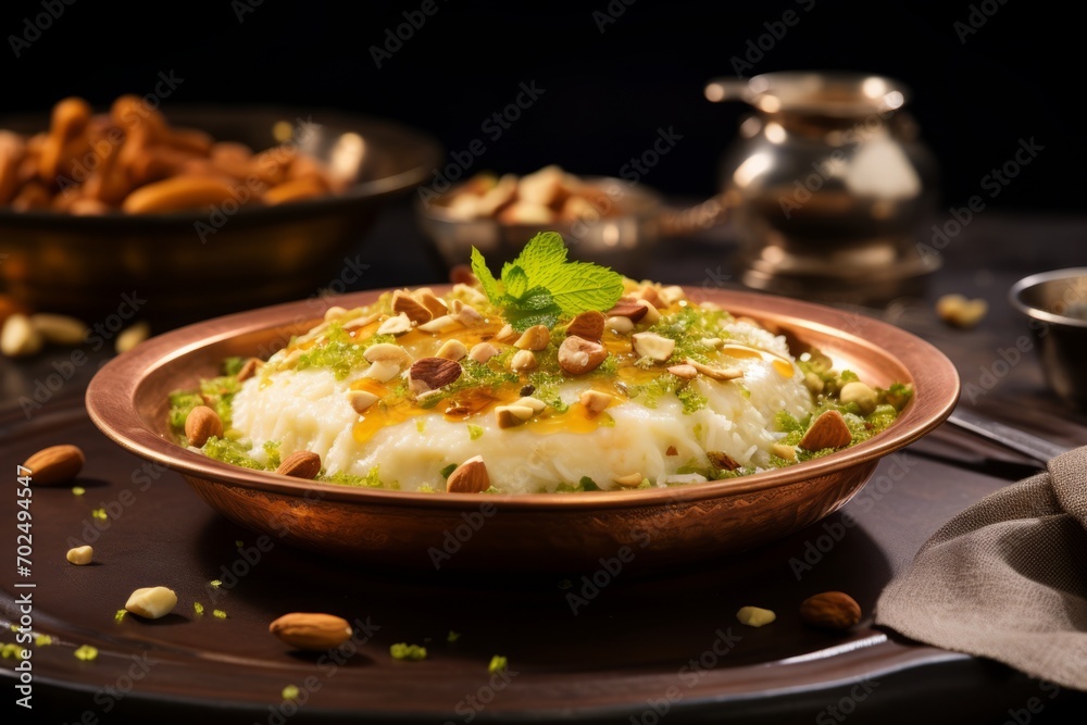 Indulge in the Sweetness of Indian Cuisine with Bhuna Khoya, a Traditional Dessert Made from Milk Solids and Garnished with Almonds and Pistachios Indulge in the Sweetness of Indian Cuisine with Bhuna Khoya, a Traditional Dessert Made from Milk Solids and Garnished with Almonds and Pistachios