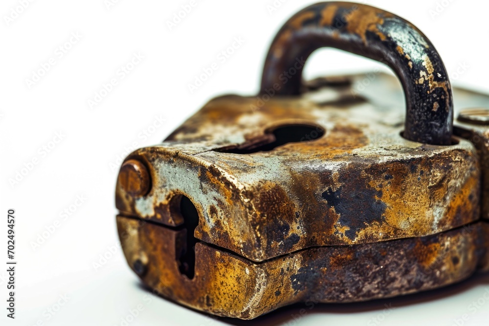A rusty padlock sitting on a white surface. This image can be used to represent security, protection, or the concept of being locked or unlocked. A rusty padlock sitting on a white surface. This image can be used to represent security, protection, or the concept of being locked or unlocked.