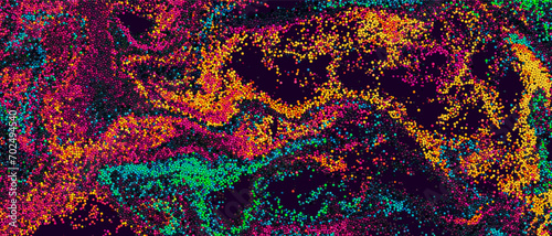 Colorful gradient dots randomly flowing and swirling in liquid stream. Chaotic motion of small colorful circles. Abstract dynamic particles background for banner, flyer, poster. Vector Illustration