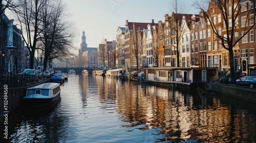 A boat parked alongside a serene canal. Perfect for travel brochures or website banners © Fotograf