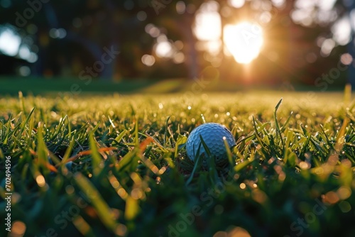 A golf ball sits on top of a vibrant and well-maintained green field. This image can be used to depict the sport of golf, outdoor activities, or the beauty of nature