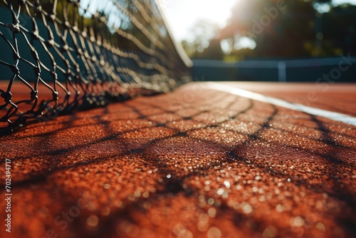 A detailed close-up of a tennis court net. This image can be used to showcase the equipment and set-up of a tennis court © Fotograf