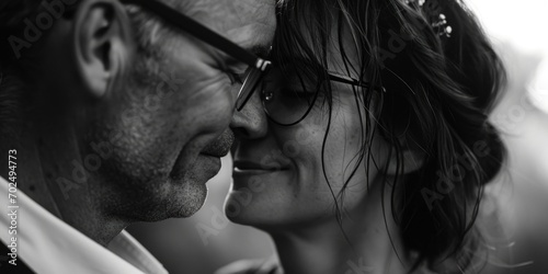 A classic black and white photo capturing a bride and groom on their special day. Perfect for wedding invitations and romantic-themed designs photo