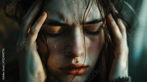 A close-up image of a woman with her hands on her head. This image can be used to depict stress, frustration, or anxiety