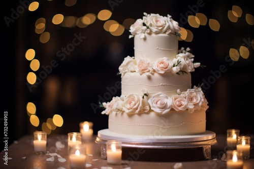 A fairy-tale wedding cake with three tiers, delicate white icing, and a couple topper, set amidst a magical display of twinkling lights