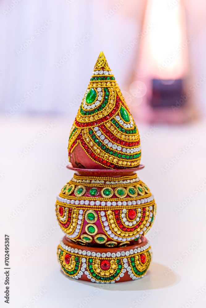 Indian Hindu wedding pooja ceremony ritual items close up
