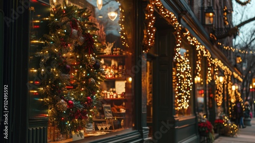 A charming store front decorated with twinkling Christmas lights on the windows.