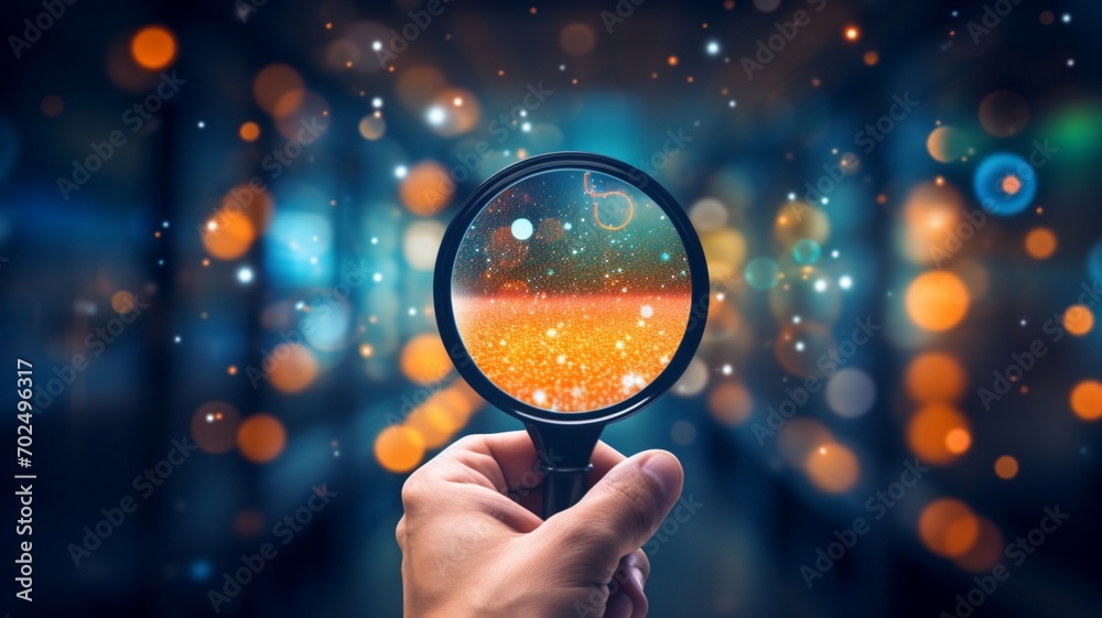 Hand-holding magnifier glass with a human icon for focus customer target of customer relation management or CRM and human development concept - AI Generative - obrazy, fototapety, plakaty 