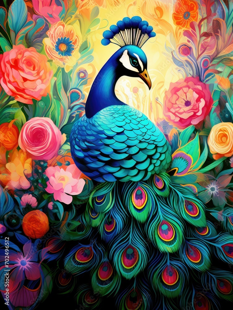 Fototapeta premium A beautiful colourful peacock among the flowers in the garden