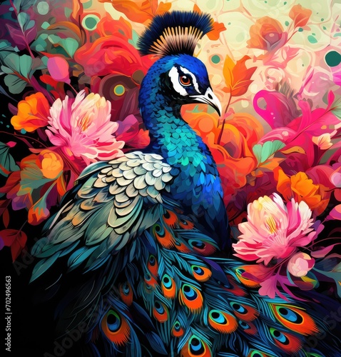 A beautiful colourful peacock among the flowers in the garden