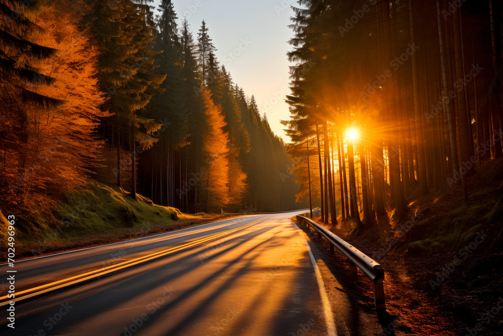 Sunset illuminates an empty mountain road winding through an autumn forest, its trees adorned in red and orange foliage, creating a vibrant fall landscape.