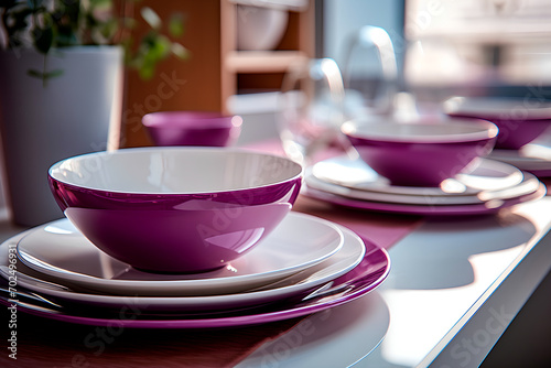 Wallpaper Mural The dining table at home is set with a combination of white and purple plates, creating an aesthetically pleasing and inviting arrangement. Torontodigital.ca