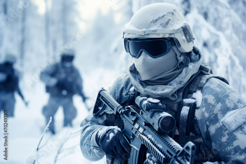 Soldiers, clad in winter camouflage, execute an Arctic warfare operation in cold conditions, armed and positioned within a snowy forest battlefield.





 photo