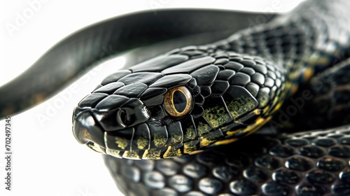 A close-up view of a snake's head on a plain white background. This image can be used for educational purposes or to depict the beauty and detail of reptiles