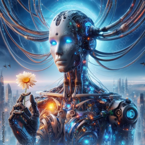 artificial intelligence in image of cyborg with electronic brain. neural network trained using a virtual hud interface. machine learning technology concept. sci-fi cybernetic robot with ai, engine, mo